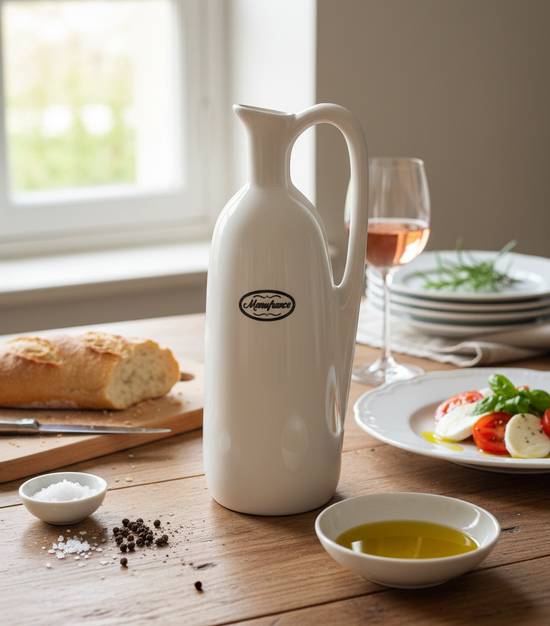 Manufrance-Ölflasche aus weißem Steinzeug