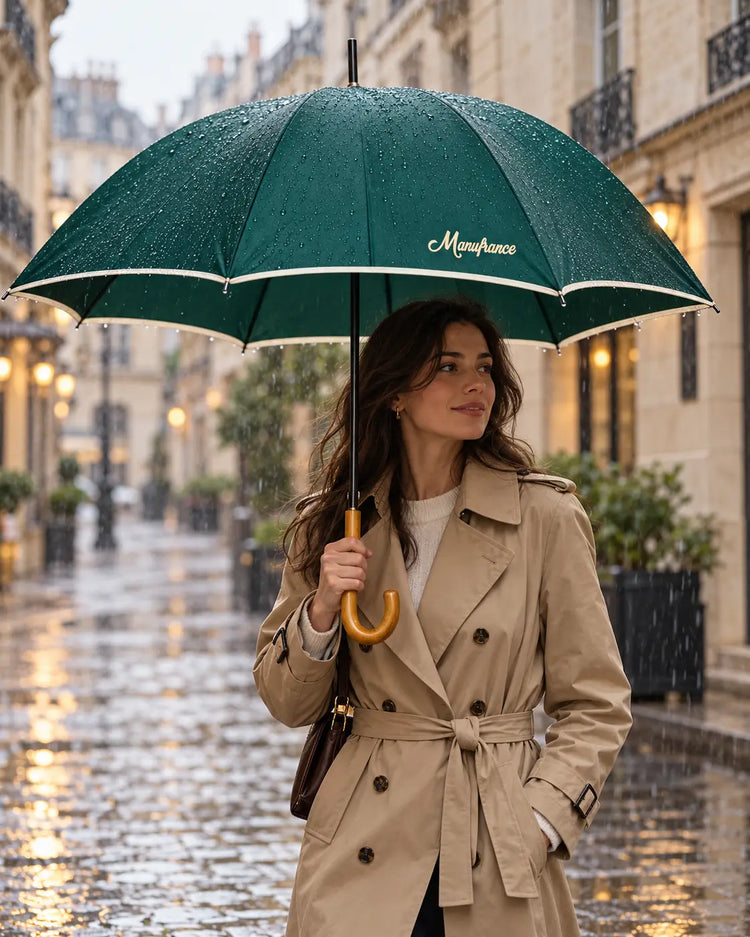 Parapluie toile verte Manufrance fabriqué en France en situation sous la pluie 